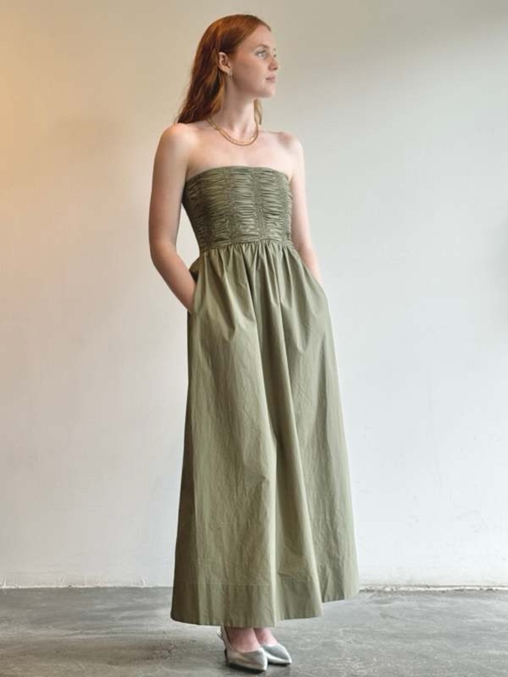 Faithfull the Brand Olive Green Strapless Smocked Maxi Dress